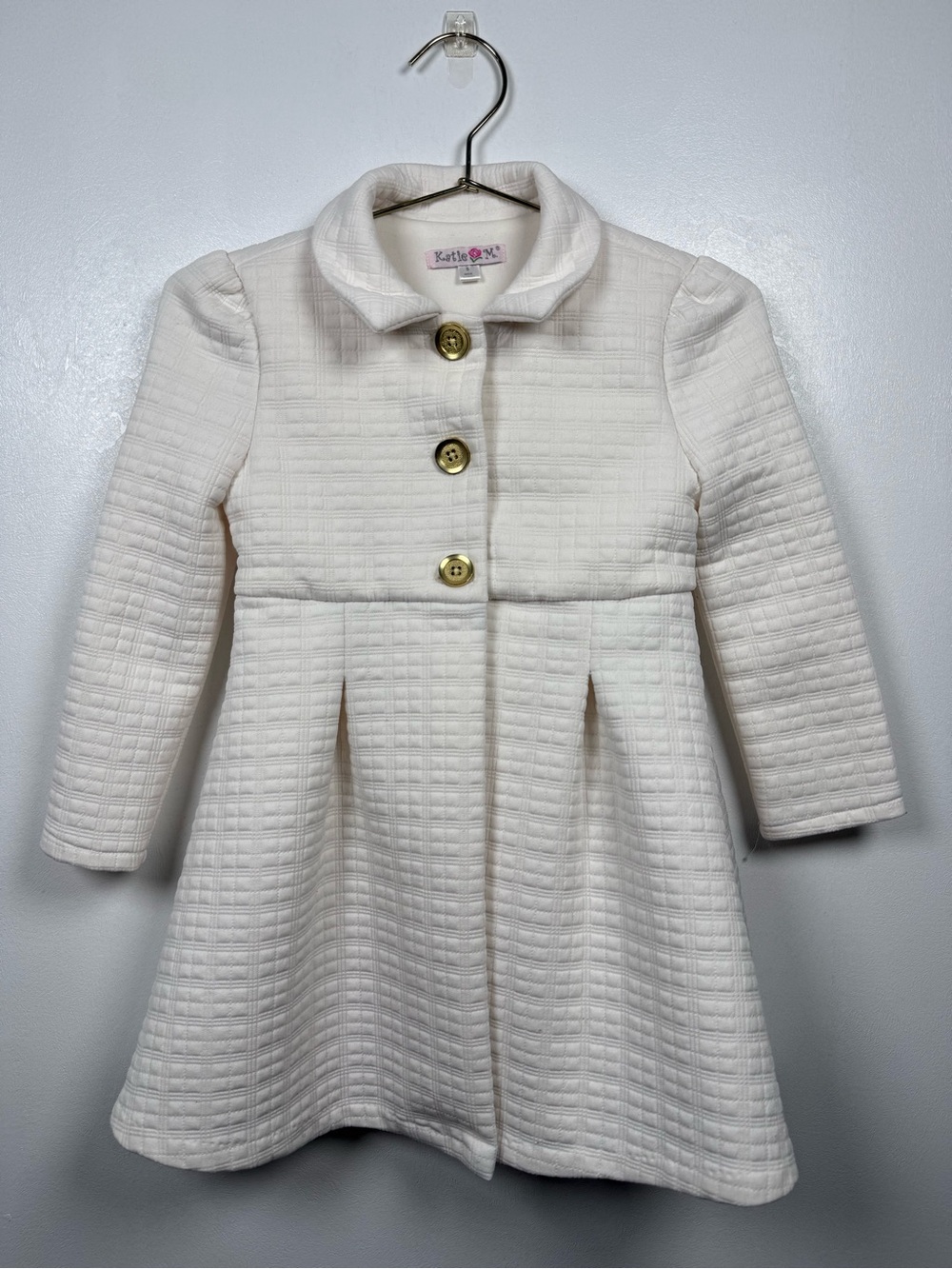 Katie M Girls Ivory Quilted Coat Dress Jacket Size 5 Gold Button Princess Style